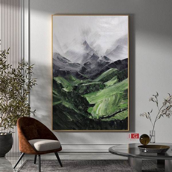Sage Green Mountainscape Painting, Minimal Abstract Art