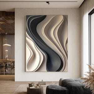 Black Cream 3D Wood Wall Art: Hand-Carved Vertical Relief Sculpture