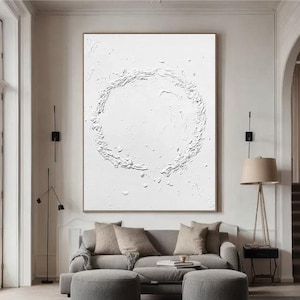 Grande arte abstrata, arte de parede branca, pintura abstrata branca, arte de parede 3D branca, arte de parede texturizada branca, decoração de parede branca, arte minimalista branca