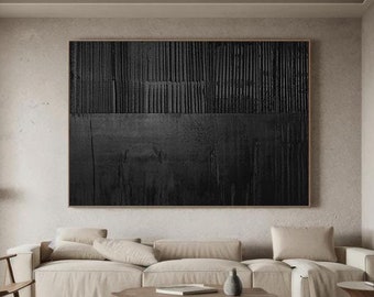 Pintura abstracta texturizada 3D negra de gran tamaño, arte mural minimalista
