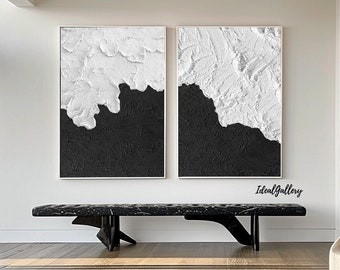 Black and white plaster wall art Set Of 2 Black and white textured wall art Set Of 2 Black Abstract Wall Art Black Wabi-Sabi Wall Art 