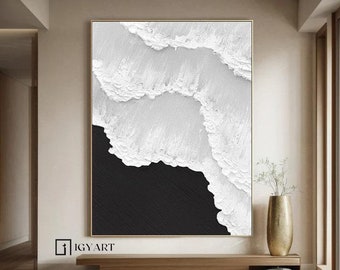 Black & White Abstract 3D Textured Painting, Minimalist Wall Art