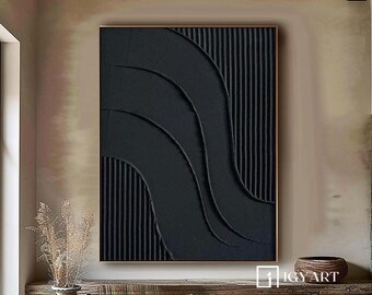 Hand-Painted Black Textured Abstract Painting, Framed 3D Wall Decor