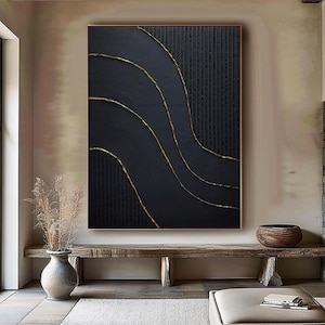 Schwarzes strukturiertes 3D Wandbild Schwarzes abstraktes Wandbild Großes abstraktes Bild Schwarz-goldenes strukturiertes Wandbild Schwarzes minimalistisches Gemälde