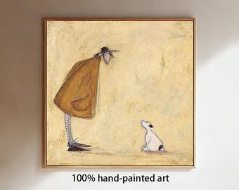 Funny Dog Lover Gift Man and Dog Art Vintage Folk Art Canvas Painting Cozy Reading Nook Art