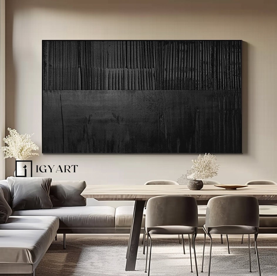 Large Black 3D Textured Abstract Painting, Minimalist Wall Art - Etsy