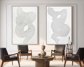 Conjunto de 2 cuadros abstractos blancos, arte mural minimalista de gran tamaño