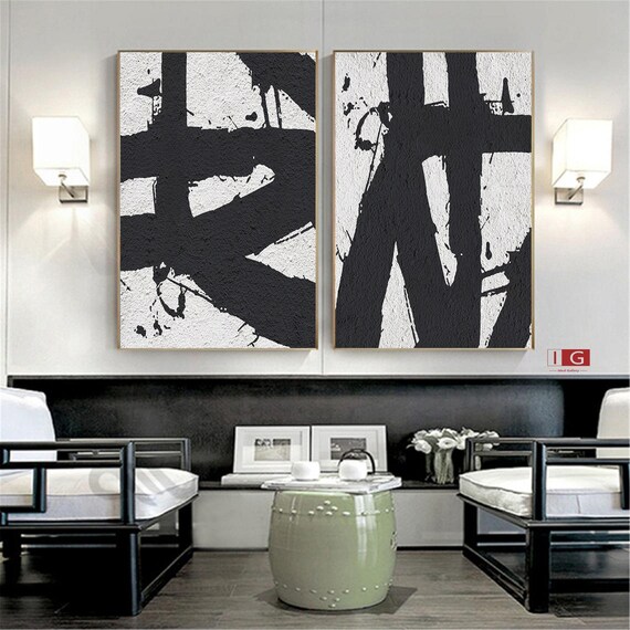 Black and White Abstract Painting Set of 2 Black and White Etsy