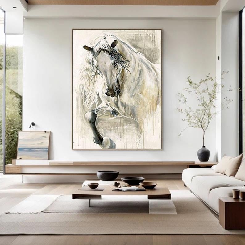 抽象的な馬の油絵、ミニマリストの動物の壁アート - Etsy 日本