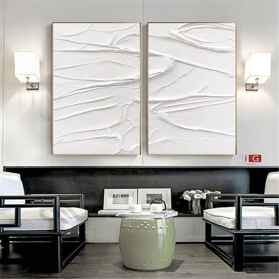 Large Set of 2 Painting, 2 piece Wall Art Canvas, 3D White