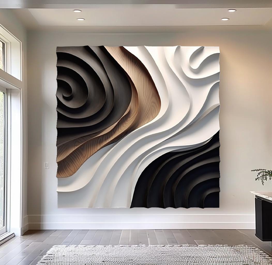 Wood Carving Wall Art: Black & White 3D Textured Sculpture Wall
