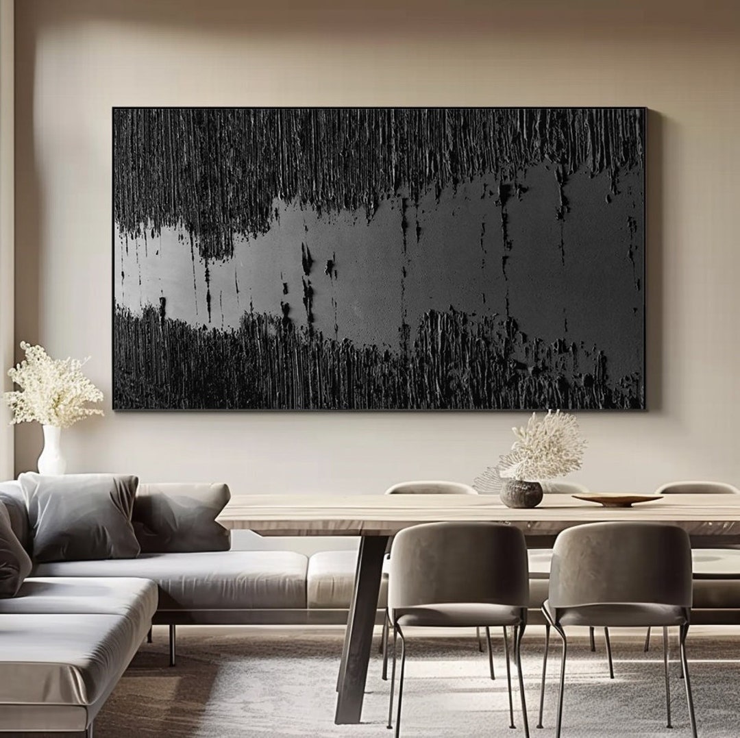 黒い絵画　原画　テクスチャーアート　抽象画　現代アート　インテリア　大きい 大きな黒い抽象画、黒い壁アート、黒い漆喰アート、黒いテクスチャ壁