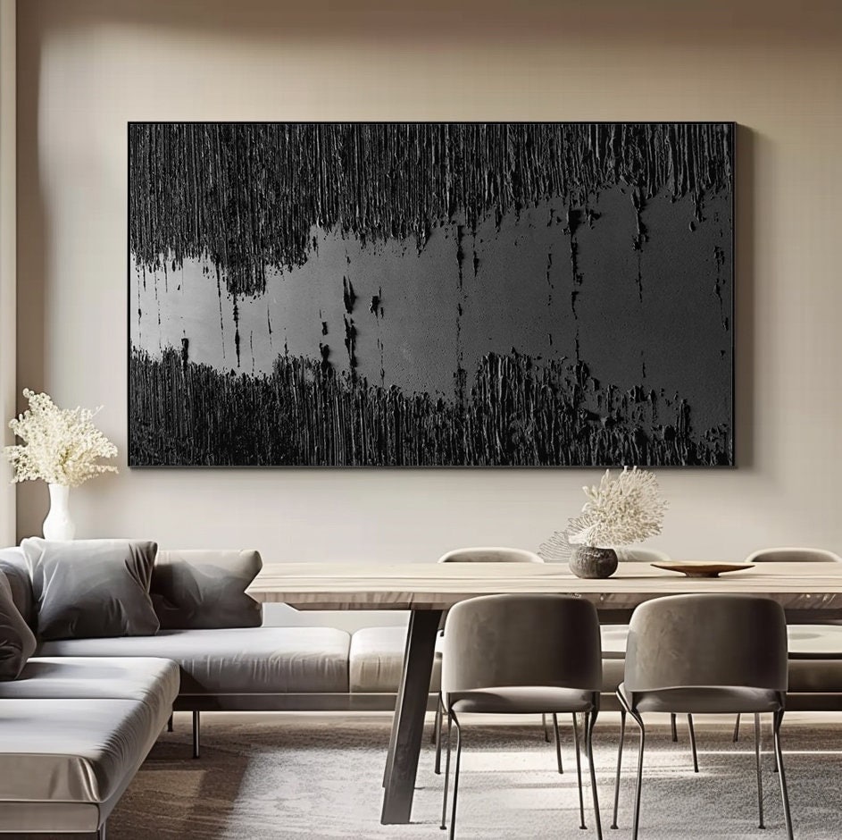 黒い絵画　原画　テクスチャーアート　抽象画　現代アート　インテリア　大きい 大きな黒い抽象画、黒い壁アート、黒い漆喰アート、黒いテクスチャ壁