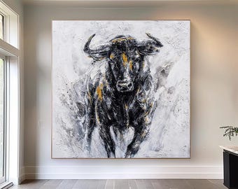Abstract Bull Canvas Wall Art, Large Texture Animal Painting, Black and White Bull Painting, Modern Home Decor