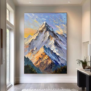 Textured Blue Mountain Painting: Large Abstract Landscape Art