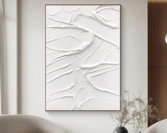 Large White Abstract 3D Textured Painting: Minimalist Art