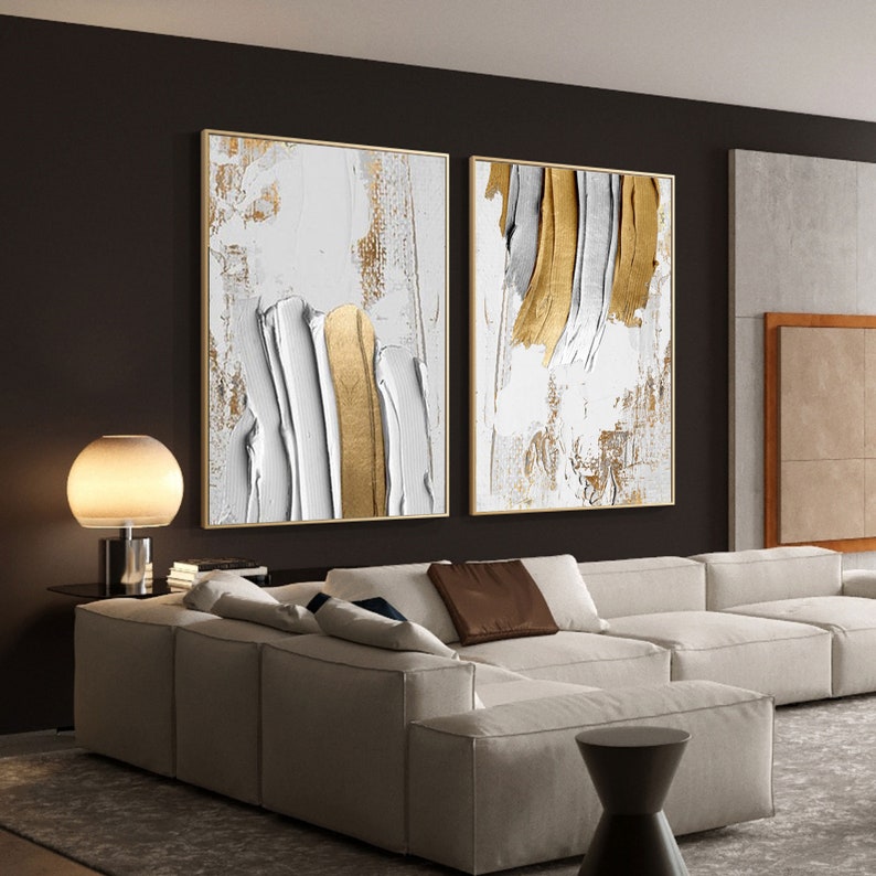 Gold and White Abstract Art Set of 2 Golden Abstract Painting Etsy