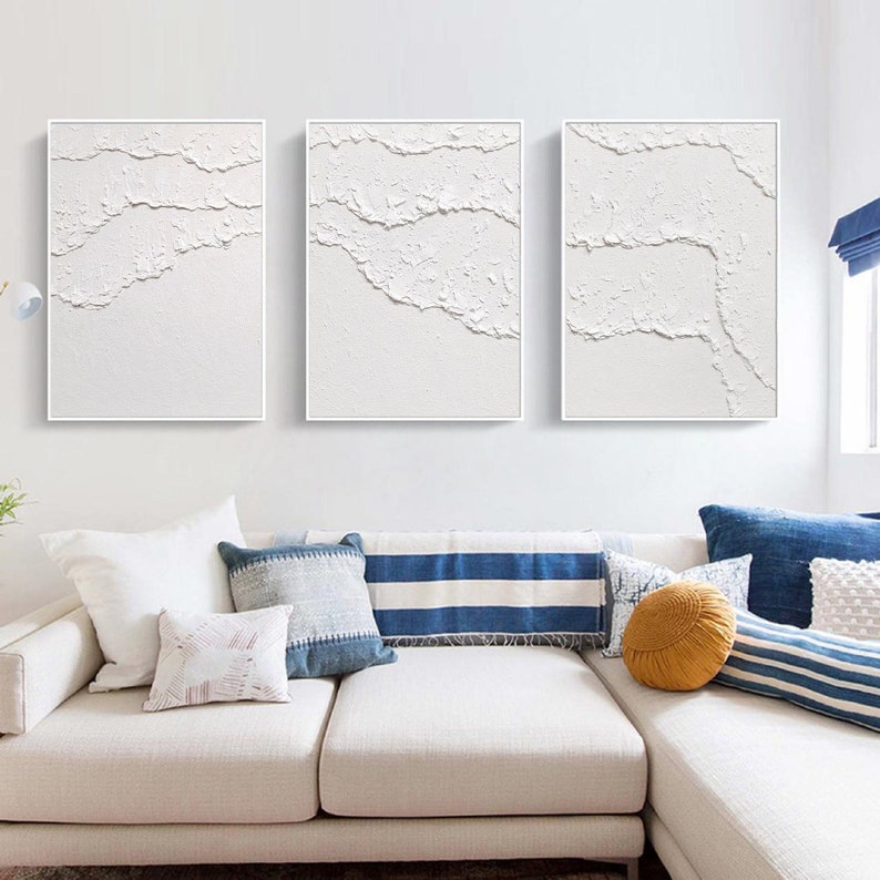 arte de pared abstracto blanco Arte de pared texturizado blanco Conjunto de 3 arte de pared blanco pintura blanca arte de pared 3d blanco Conjunto de 3 pinturas texturizadas blancas imagen 4