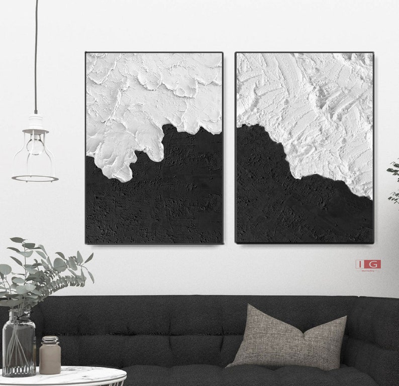 Black 3D Textured Art Set of 2 Black Wall Art Black and White Etsy