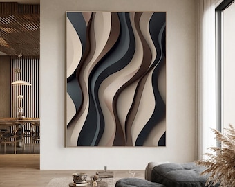 Beige Black 3D Wood Wall Art: Hand-Carved Abstract Relief Sculpture