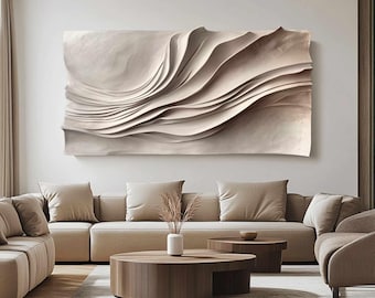 Talla de madera texturizada beige pintada a mano: Arte mural abstracto en 3D
