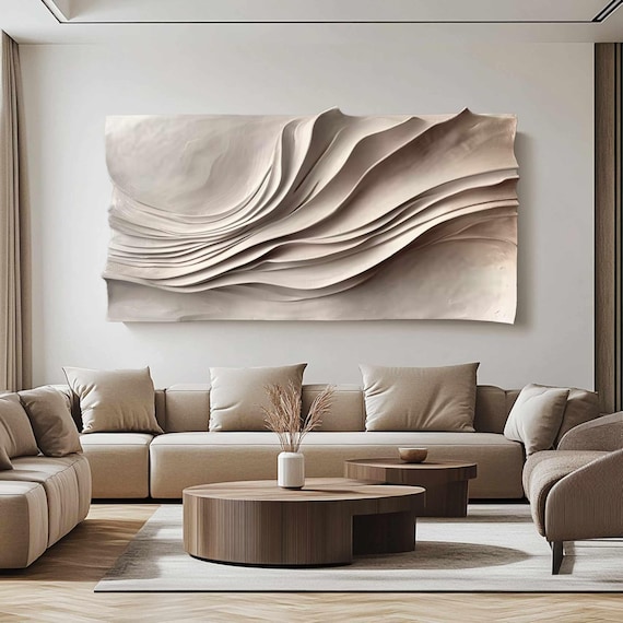 Hand-Painted Beige Textured Wood Carving: Abstract 3D Wall Art
