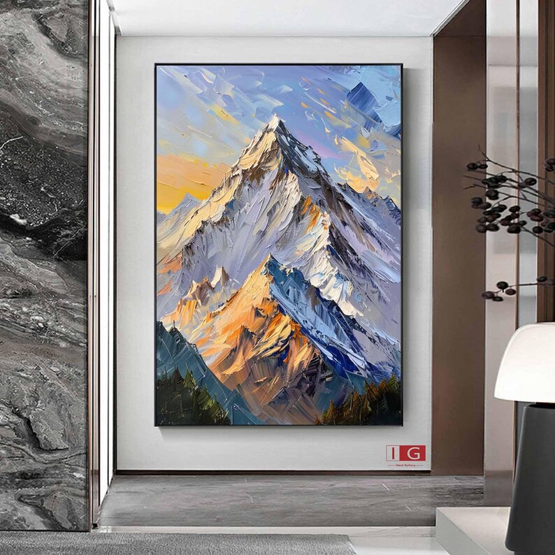 Blue Mountain Painting Mountain Textured Painting Large Blue Snow