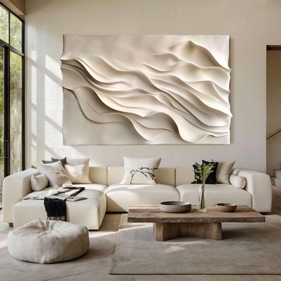 Beige Textured Wood Carving Wall Art: Beige Abstract 3D Sculpture