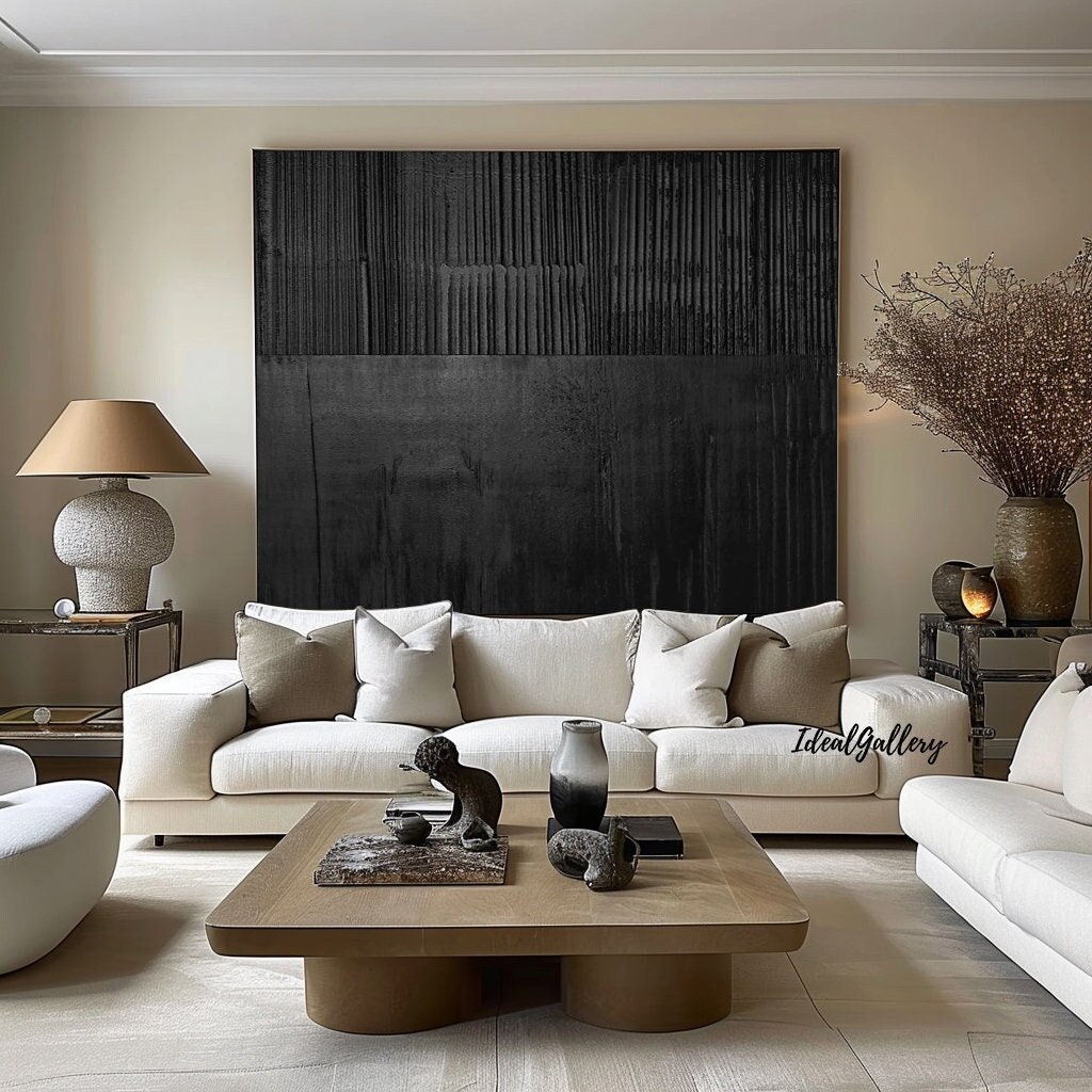 Large Black 3D Textured Abstract Painting, Minimalist Wall Art - Etsy