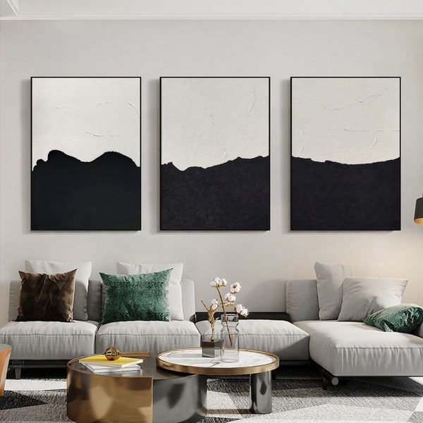 Set Of 3 Black and White Abstract Painting Set Of 3 Black Abstract art Black and white wall art Black and white Minimalist Painting