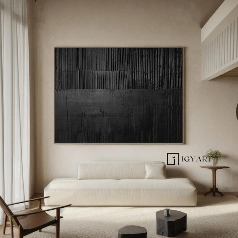 Large Black 3D Textured Abstract Painting, Minimalist Wall Art - Etsy