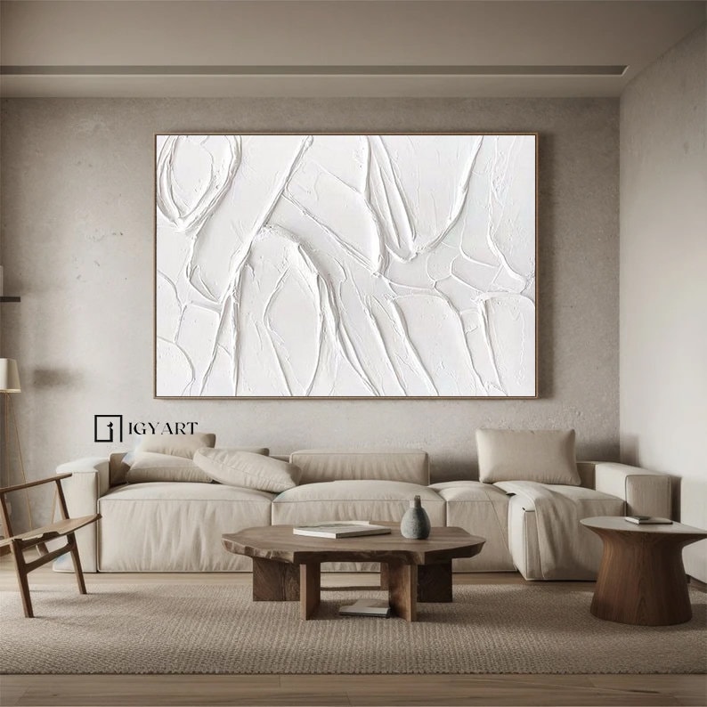 大きな白いテクスチャ壁アート、白いミニマリストの絵画、白い抽象画