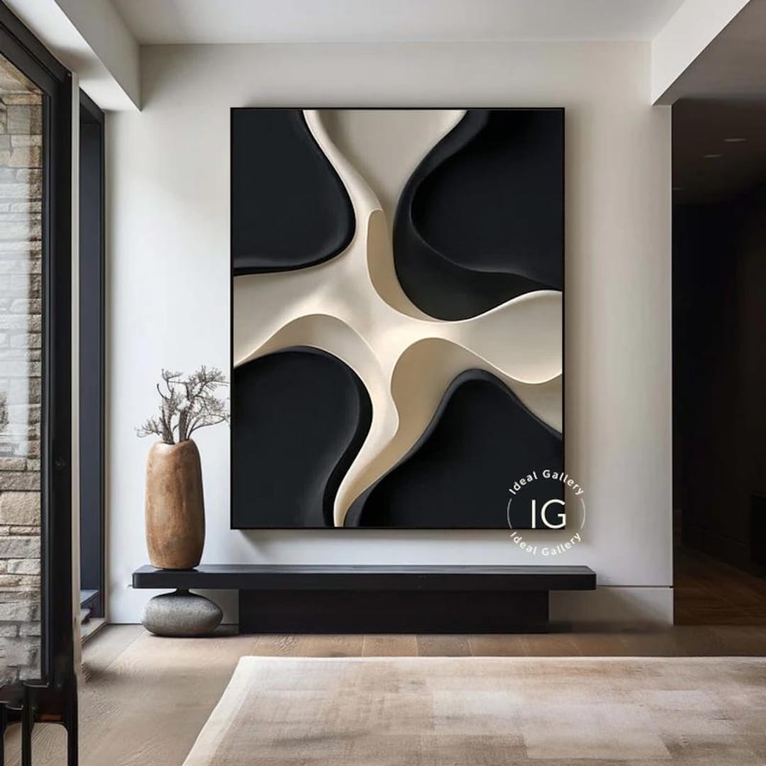Black and White 3D Textured Wall Art Hand-painted Wood Carving Wall Art ...