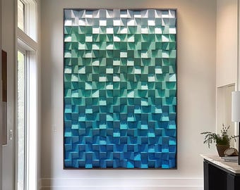 Arte murale in legno rustico tinto blu e verde Arte murale in legno astratto geometrico blu Arte murale in legno appeso sfumato blu Arte murale in legno strutturato