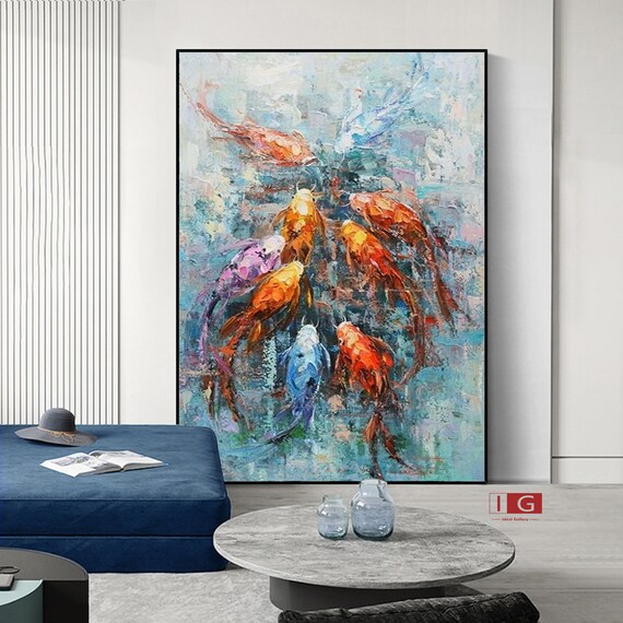 Gold Koi Fish Abstract Art Blue Watercolor Art Ocean Sunrise Paintings