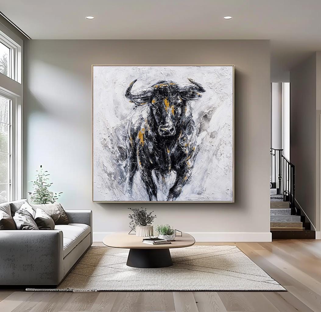 キャンバスに描かれた抽象的な雄牛の絵画：ハイランド牛の壁アート