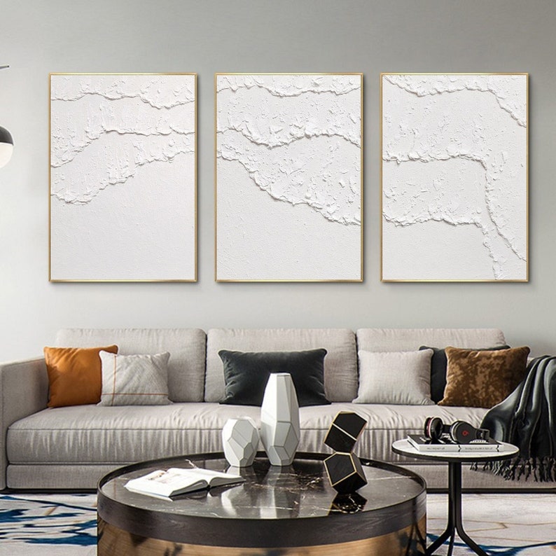 white abstract wall art White textured wall art Set of 3 white wall art white painting white 3d wall art Set of 3 white textured painting imagem 2