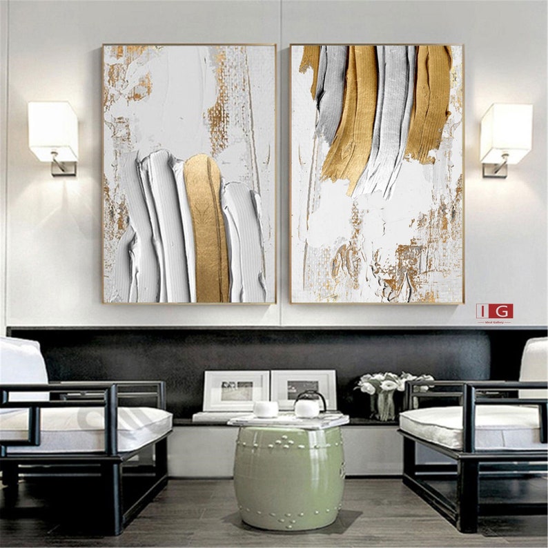 Gold and White Abstract Art Set of 2 Golden Abstract Painting Etsy