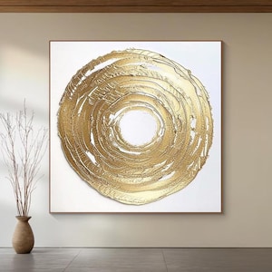 Pintura abstracta con textura dorada, arte mural dorado y blanco