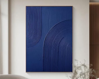 Large Blue Abstract Painting: Minimalist Navy Blue Textured Wall Art
