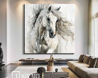May include: A watercolor painting of a white horse with a flowing mane and tail. The horse is depicted in a light and airy style, with splashes of color throughout the background.