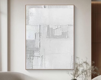 Pintura abstracta texturizada en gris y blanco, arte mural minimalista