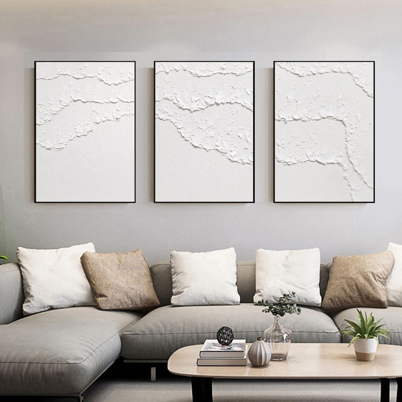 arte de pared abstracto blanco Arte de pared texturizado blanco Conjunto de 3 arte de pared blanco pintura blanca arte de pared 3d blanco Conjunto de 3 pinturas texturizadas blancas imagen 5