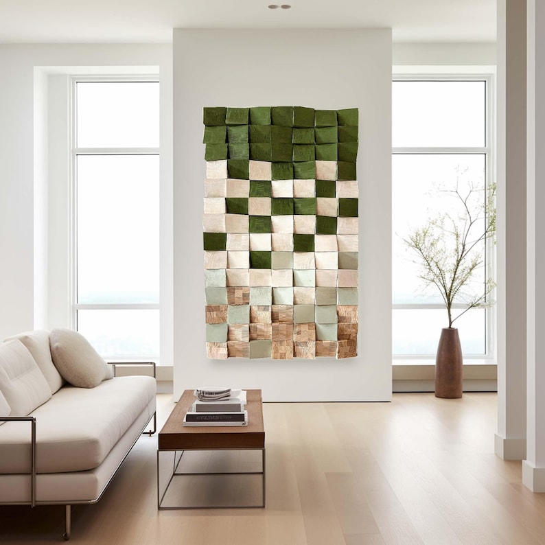 Green Geometric Wood Art 3D Wood Textured Wall Art Wood Block Wall Decor image 8