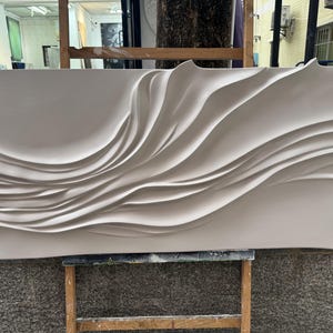 Hand-Painted Beige Textured Wood Carving: Abstract 3D Wall Art image 2