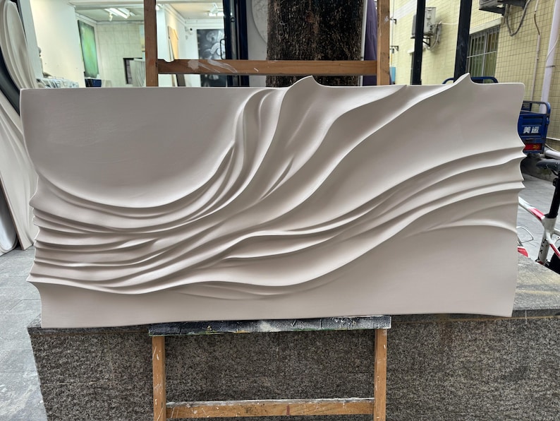 Hand-Painted Beige Textured Wood Carving: Abstract 3D Wall Art image 2