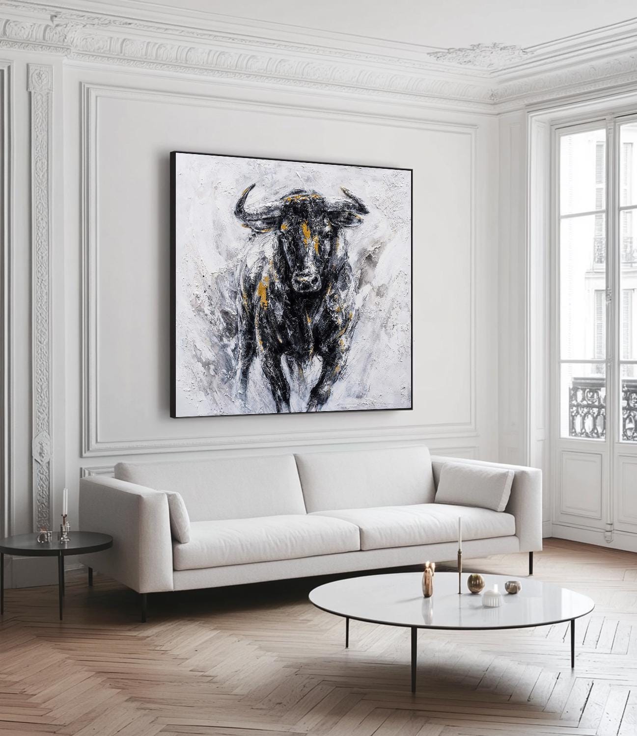 キャンバスに描かれた抽象的な雄牛の絵画：ハイランド牛の壁アート