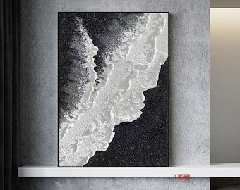 Arte mural abstracto texturizado de olas oceánicas negras: pintura 3D
