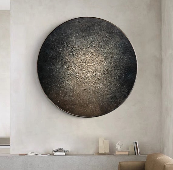 黒とベージュの円形テクスチャ抽象アート、円形キャンバス絵画 - Etsy 日本