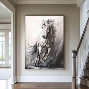 エルメスのオレンジ色の馬場馬術の油絵、黒い種馬のキャンバスアート
